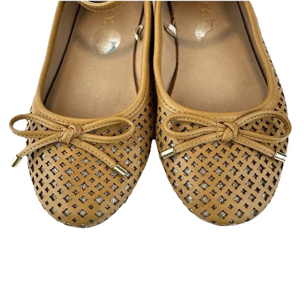Sugar Evelyn Ballet Flats Girls Sz 2M Tan Brown Buckle Strap Bow Glitter